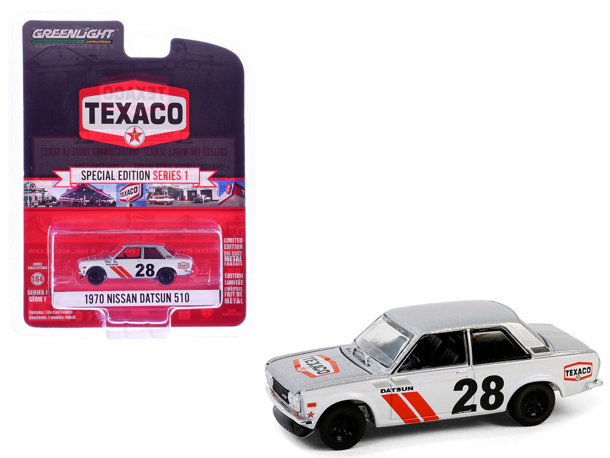 1970 Nissan Datsun 510 #28 "Texaco" Silver Metallic and White with Red Stripes "Texaco Special Edition" Series 1 1/64 Diecast Model Car by Greenlight free shipping USA