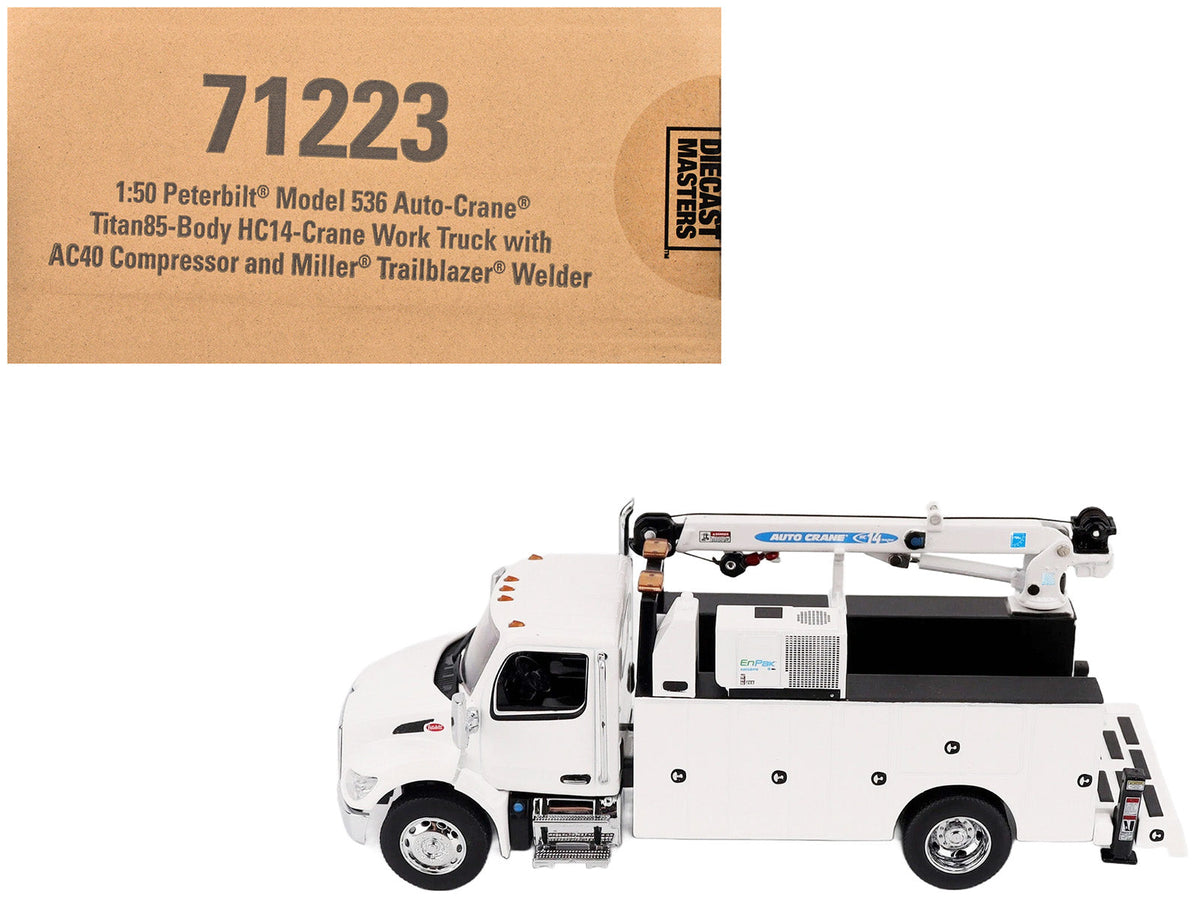 Peterbilt 536 Auto-Crane Titan 85-Body HC14-Crane Work Truck with Miller EnPak White "Transport Series" 1/50 Diecast Model by Diecast Masters free shipping USA