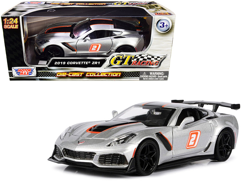 2019 Chevrolet Corvette ZR1 #2 Silver with Black and Orange Stripes "GT Racing" Series 1/24 Diecast Model Car by Motormax free shipping USA