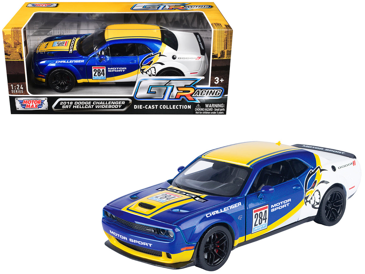 2018 Dodge Challenger SRT Hellcat Widebody #284 Blue Metallic and White with Yellow Graphics "GT Racing" Series 1/24 Diecast Model Car by Motormax free shipping USA