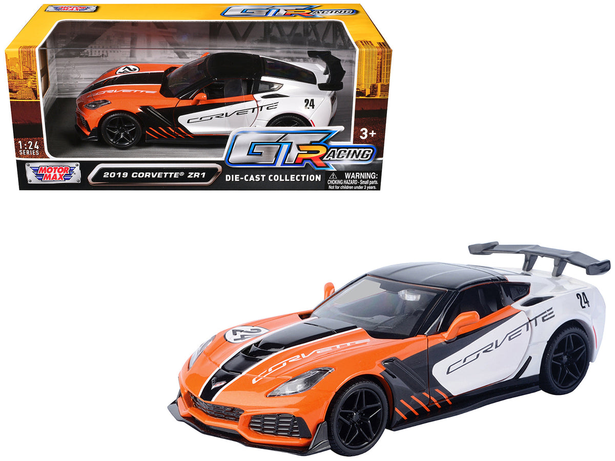 2019 Chevrolet Corvette ZR1 #24 Orange and White with Black Graphics "GT Racing" Series 1/24 Diecast Model Car by Motormax free shipping USA