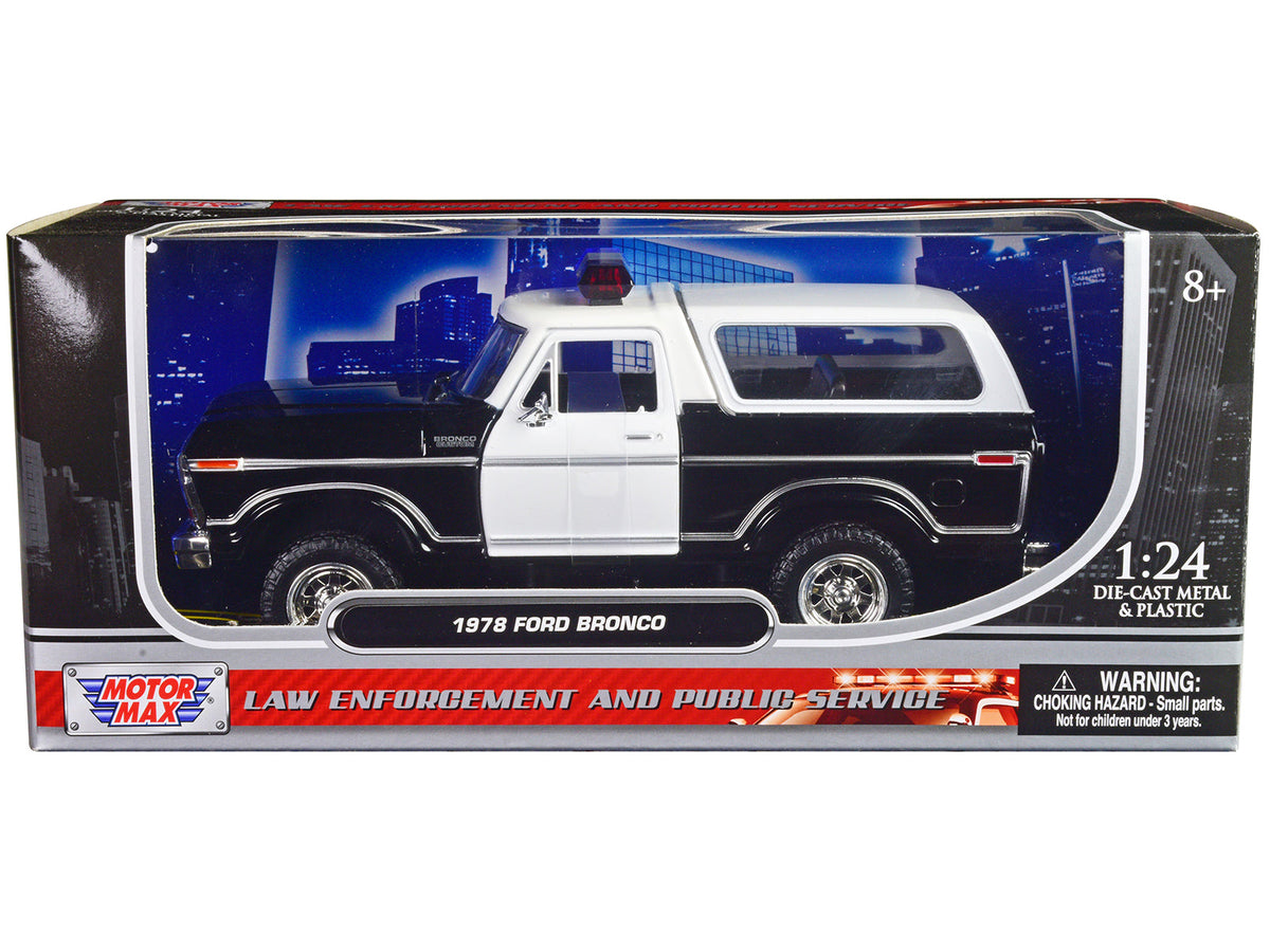1978 Ford Bronco Police Car Unmarked Black and White "Law Enforcement and Public Service" Series 1/24 Diecast Model Car by Motormax free shipping USA