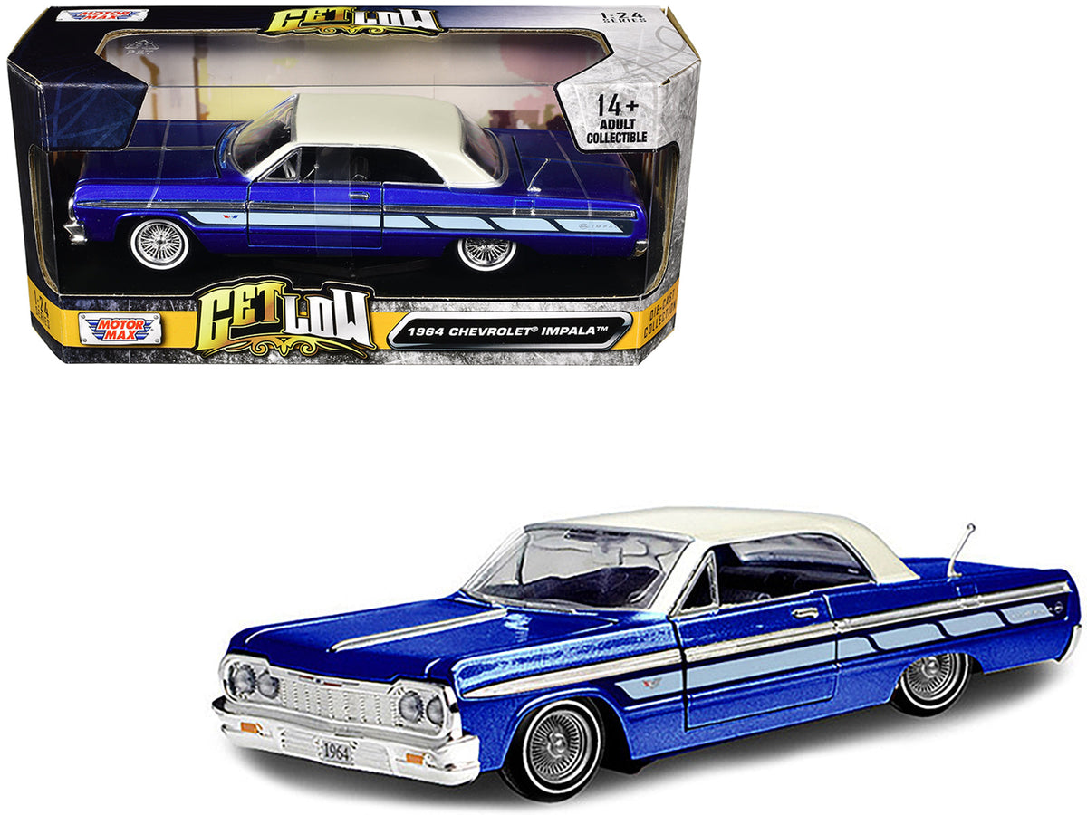 1964 Chevrolet Impala Lowrider Hard Top Candy Blue Metallic with Cream Top "Get Low" Series 1/24 Diecast Model Car by Motormax free shipping USA