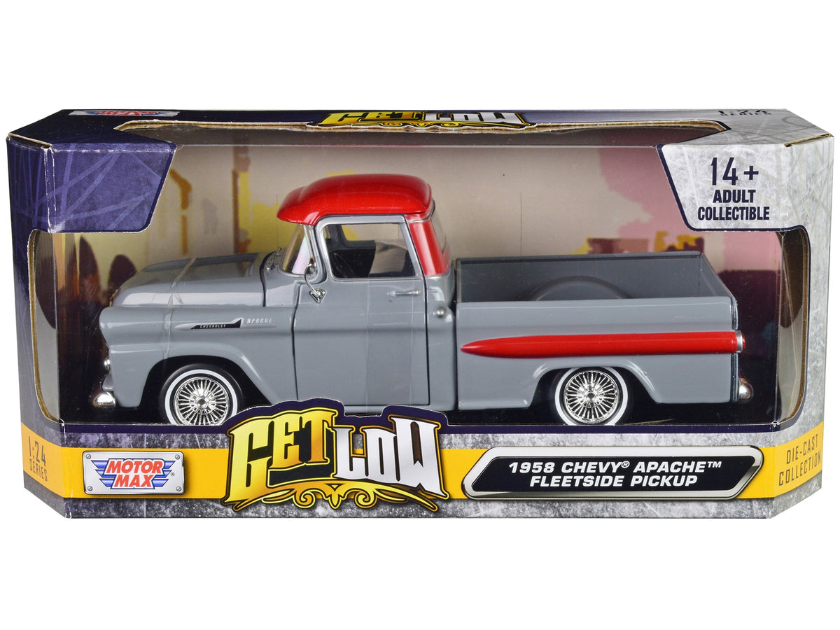 1958 Chevrolet Apache Fleetside Pickup Truck Lowrider Gray with Red Top "Get Low" Series 1/24 Diecast Model Car by Motormax free shipping USA