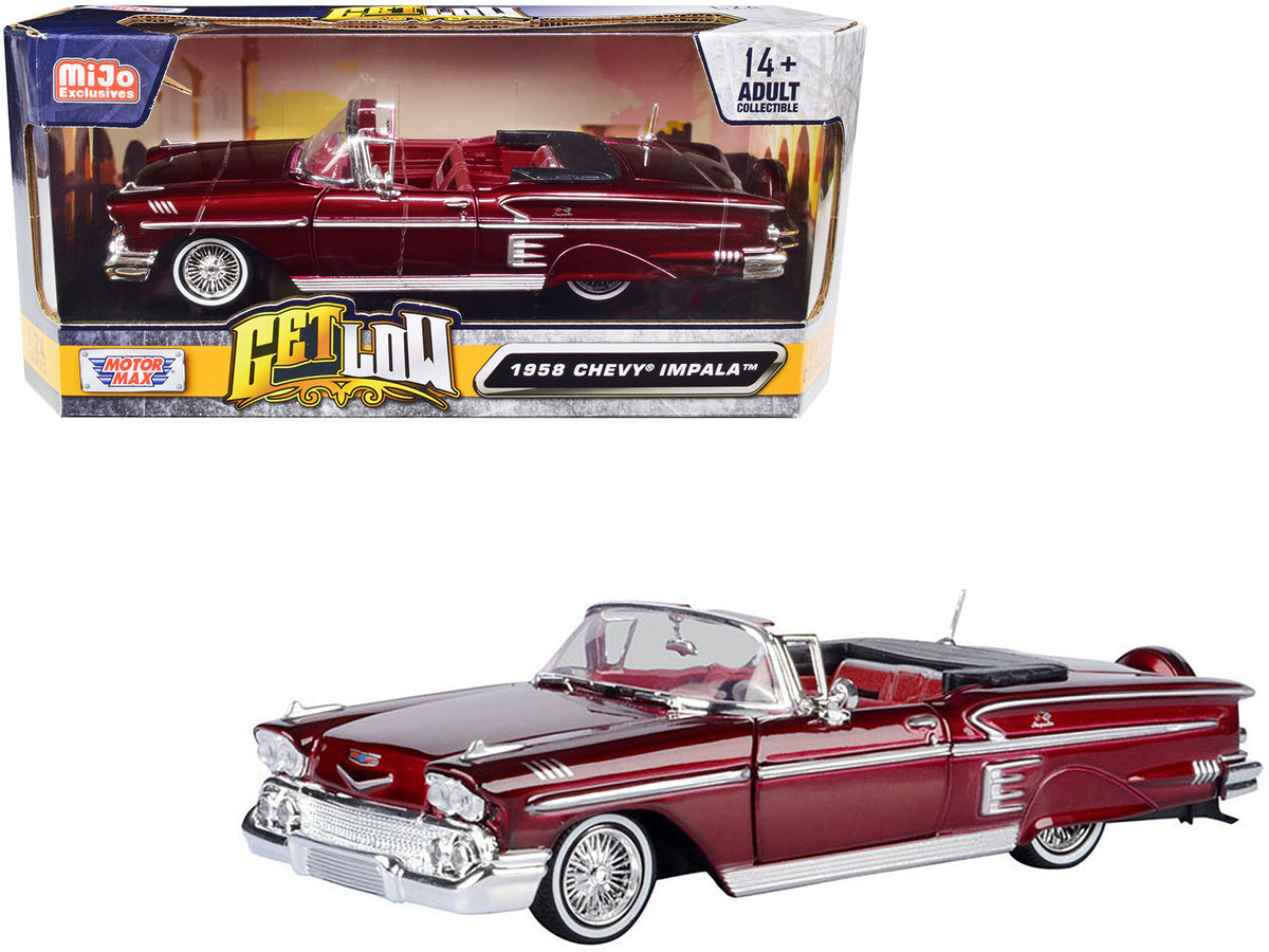 1958 Chevrolet Impala Convertible Lowrider Dark Red Metallic with Red Interior "Get Low" Series 1/24 Diecast Model Car by Motormax free shipping USA