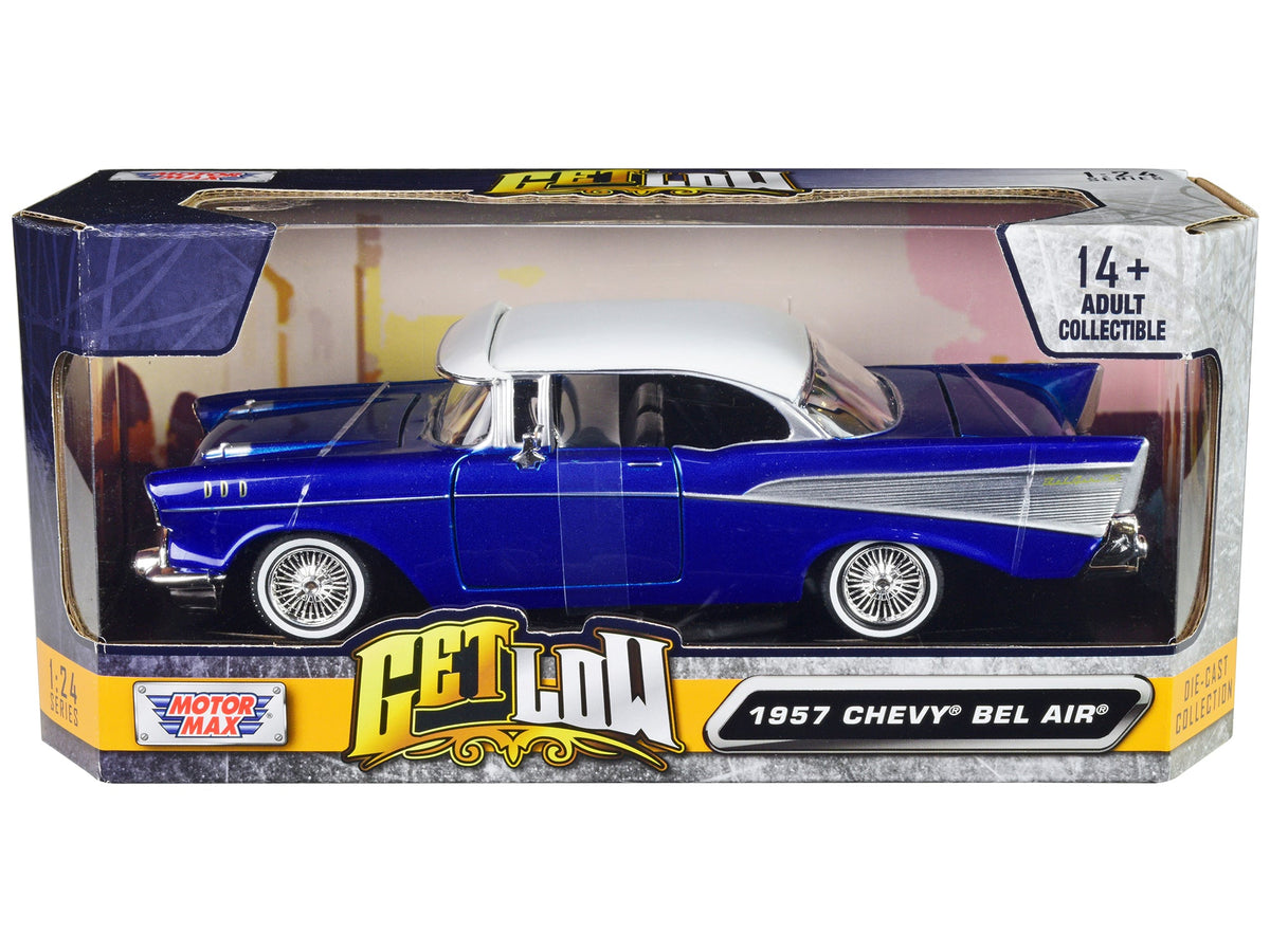 1957 Chevrolet Bel Air Lowrider Candy Blue with White Top "Get Low" Series 1/24 Diecast Model Car by Motormax free shipping USA