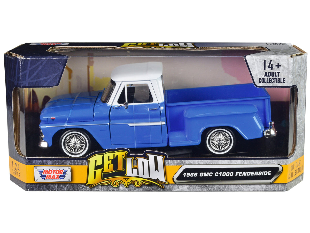 1966 GMC C1000 Fenderside Pickup Truck Lowrider Blue with White Top "Get Low" Series 1/24 Diecast Model Car by Motormax free shipping USA
