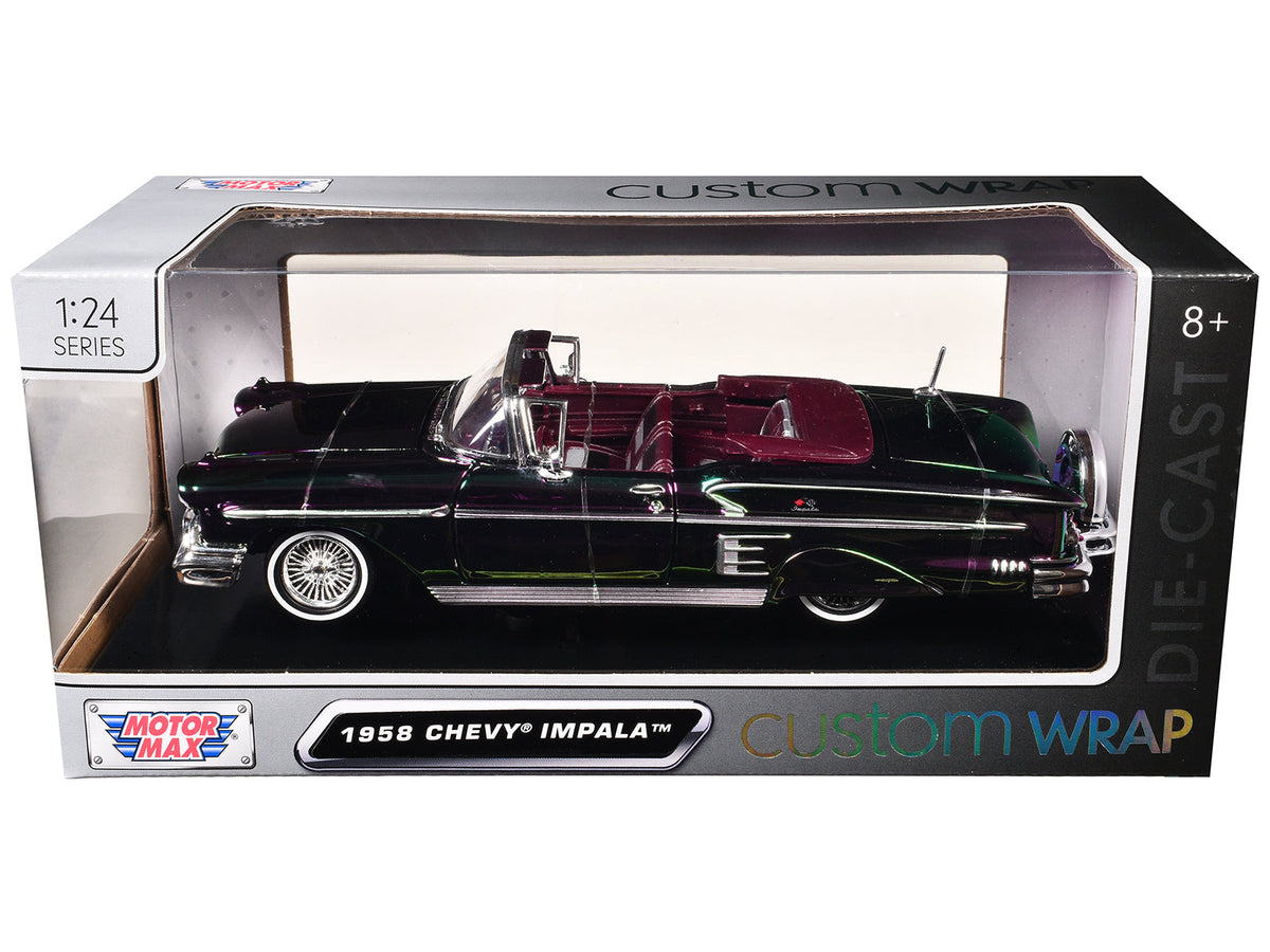 1958 Chevrolet Impala Green and Purple Chrome "Custom Wrap" Series 1/24 Diecast Model Car by Motormax free shipping USA