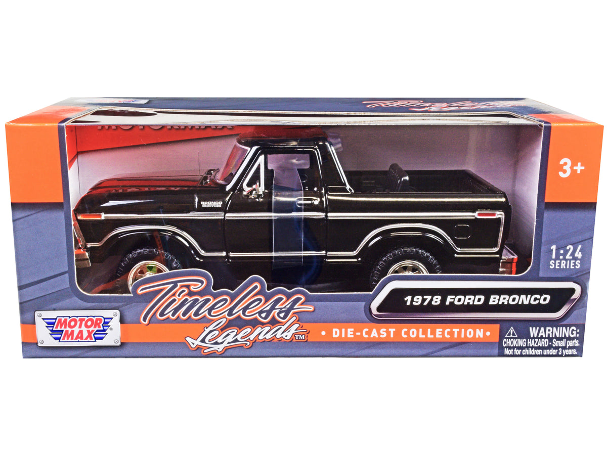 1978 Ford Bronco Custom (Open Top) Black "Timeless Legends" Series 1/24 Diecast Model Car by Motormax free shipping USA