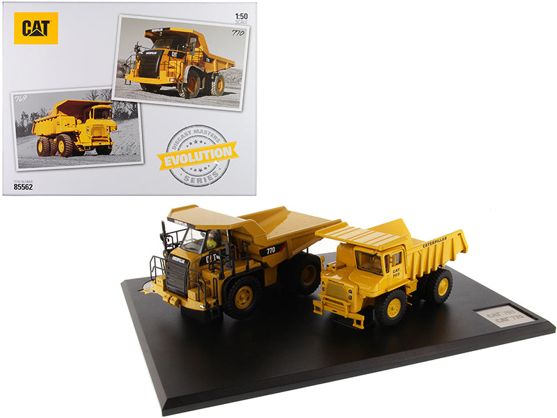 CAT Caterpillar 769 Off-Highway Truck (1963-2006) and CAT Caterpillar 770 Off-Highway Truck (2007-Present) with Operators "Evolution Series" Set of 2 pieces 1/50 Diecast Models by Diecast Masters free shipping USA