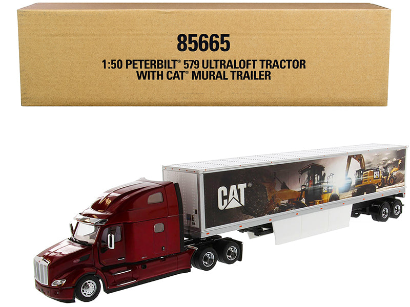 Peterbilt 579 UltraLoft Truck Tractor Red with "CAT Caterpillar" Mural Dry Van Trailer "Transport Series" 1/50 Diecast Model by Diecast Masters free shipping USA
