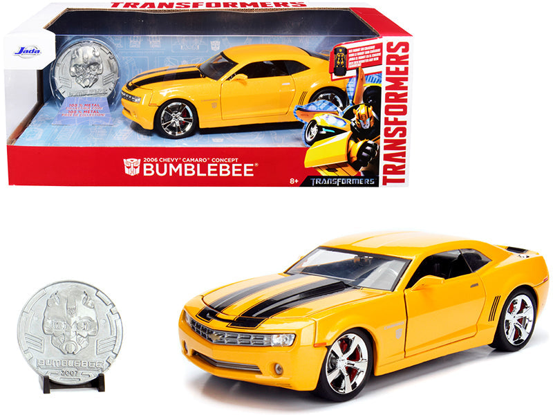 2006 Chevrolet Camaro Concept Yellow Bumblebee with Robot on Chassis and Collectible Metal Coin "Transformers" Movie 1/24 Diecast Model Car by Jada free shipping USA