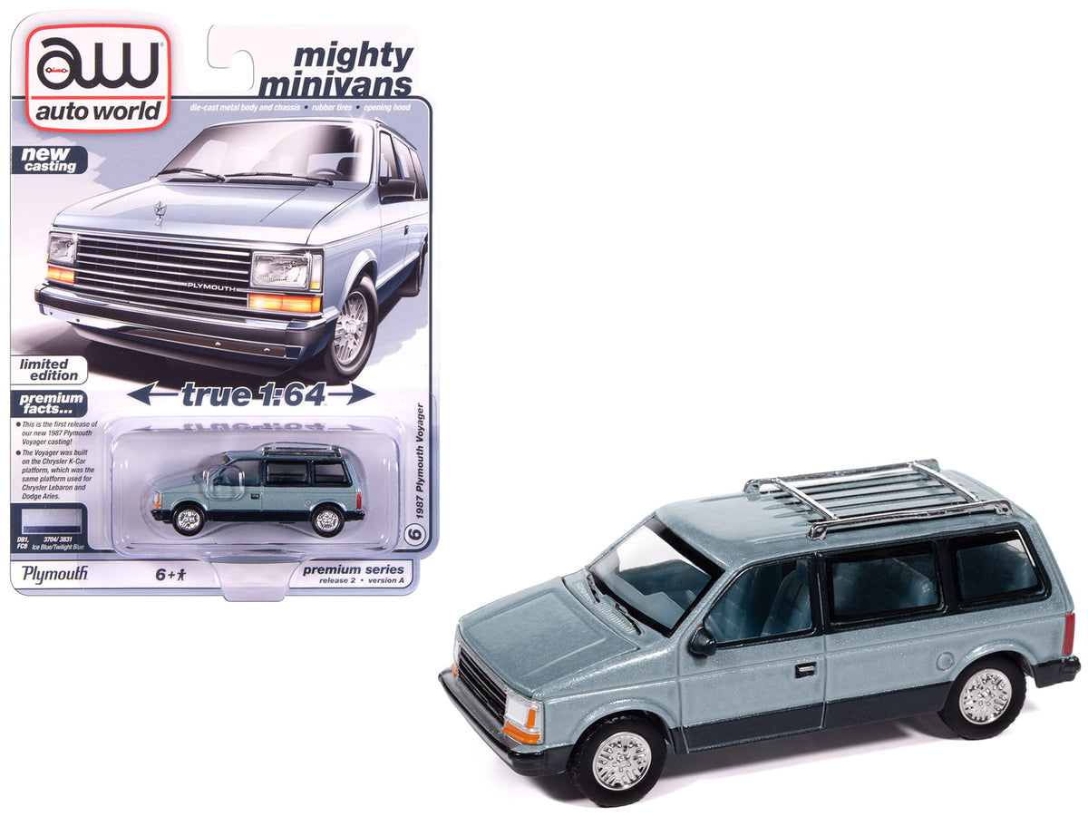1987 Plymouth Voyager Van Ice Blue Metallic and Twilight Blue Metallic 2-Tone with Blue Interior "Mighty Minivans" Series 1/64 Diecast Model Car by Auto World free shipping USA