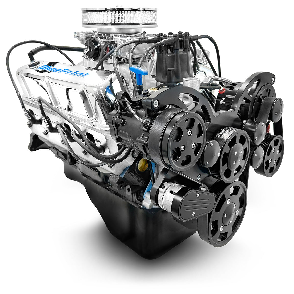 BluePrint Engines Ford Small Block Compatible 302 C.I. Deluxe Dressed - Cruiser - Front Sump Oil Pan - Black Pulley Kit - Carbureted