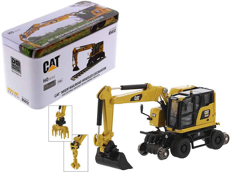 CAT Caterpillar M323F Railroad Wheeled Excavator with 3 Accessories (Safety Yellow Version) "High Line" Series 1/87 (HO) Scale Diecast Model by Diecast Masters free shipping USA