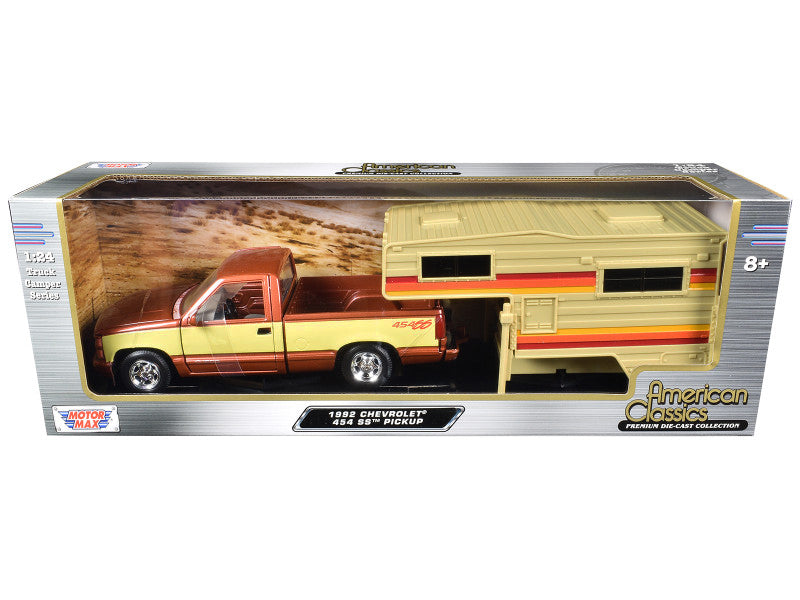 1992 Chevrolet 454 SS Pickup Truck Copper Metallic with Beige Sides with Camper Shell "American Classics" Series 1/24 Diecast Model Car by Motormax free shipping USA