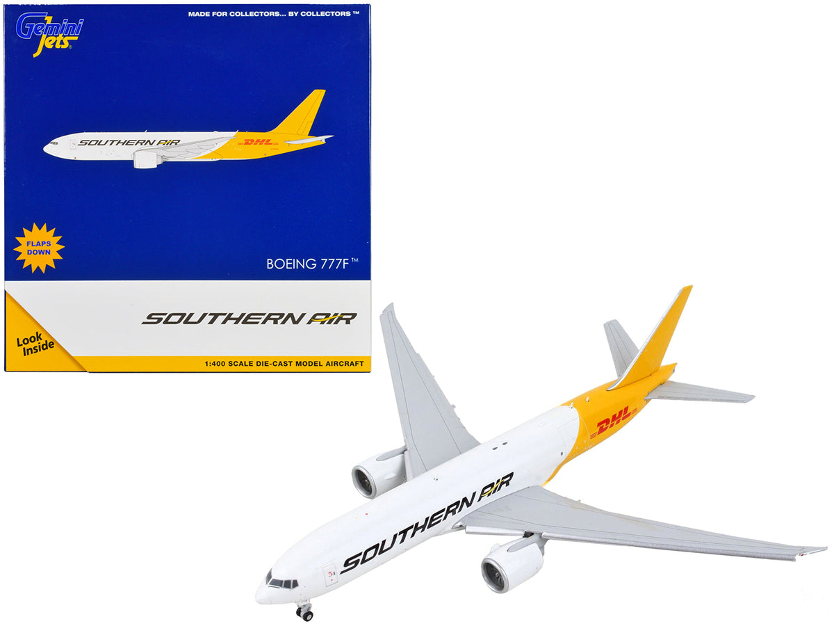 Boeing 777F Commercial Aircraft with Flaps Down "Southern Air - DHL" White and Yellow 1/400 Diecast Model Airplane by GeminiJets free shipping USA