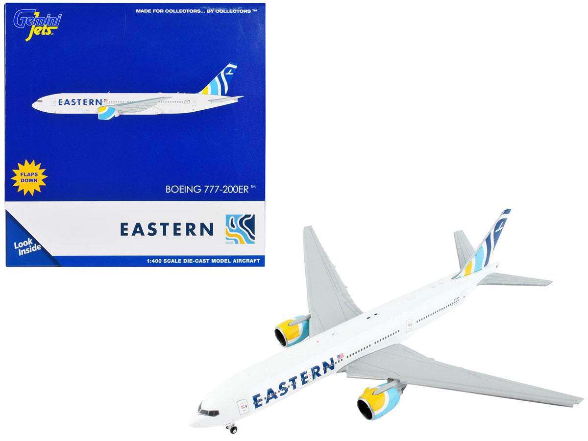 Boeing 777-200ER Commercial Aircraft with Flaps Down "Eastern Air Lines" White with Striped Tail 1/400 Diecast Model Airplane by GeminiJets free shipping USA