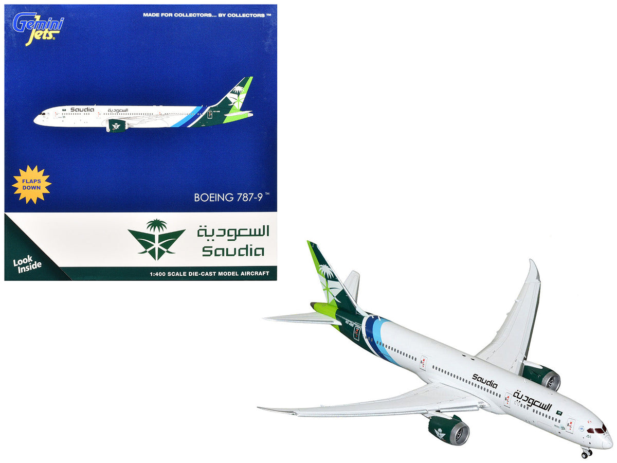 Boeing 787-9 Commercial Aircraft with Flaps Down "Saudia Airline" (HZ-ARB) White with Tail Graphics 1/400 Diecast Model Airplane by GeminiJets free shipping USA