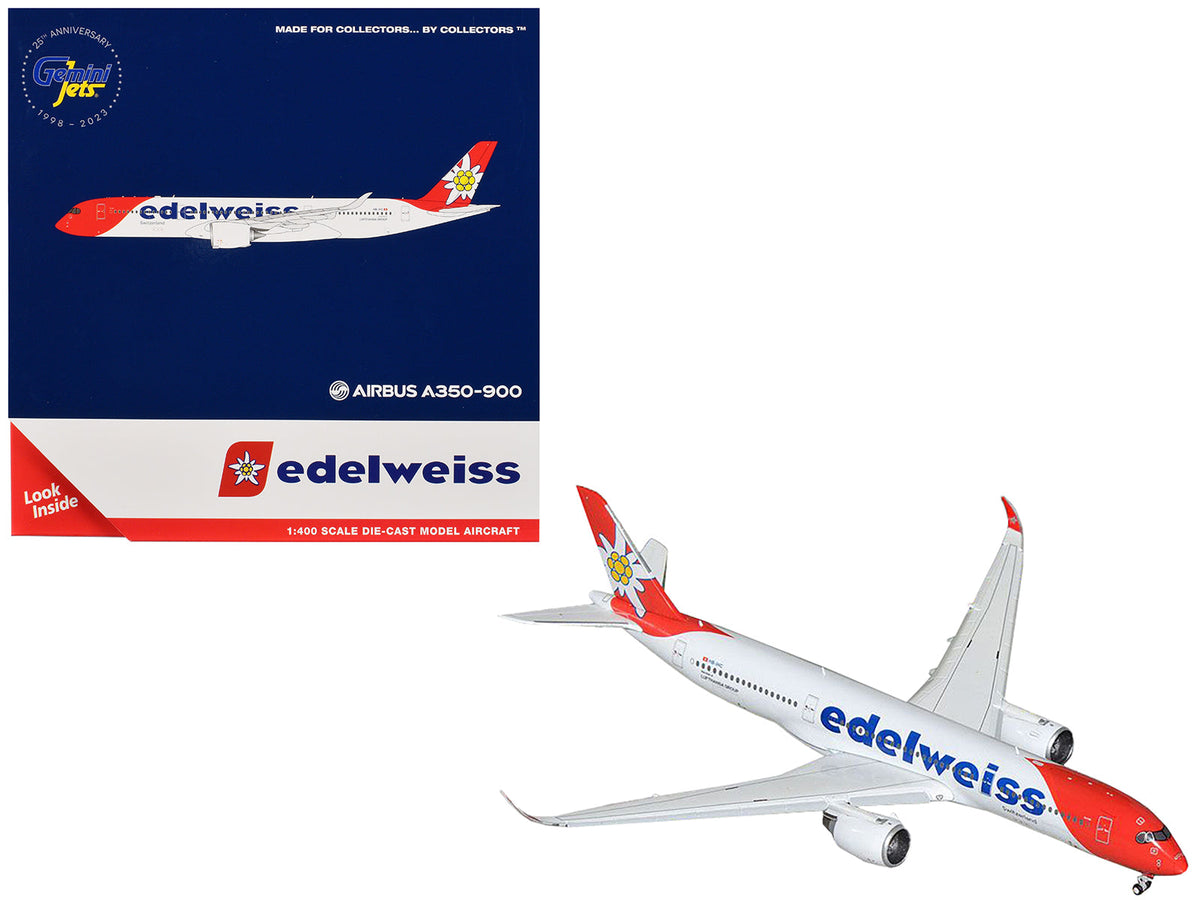 Airbus A350-900 Commercial Aircraft with Flaps Down Configuration "Edelweiss Air" (HB-IHC) White with Red Tail 1/400 Diecast Model Airplane by GeminiJets free shipping USA