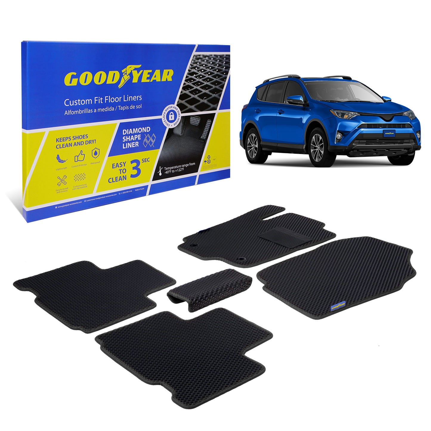 Goodyear Custom Fit Car Floor Liners For Toyota RAV4 2013-2018 Black/Black 5 Pc. Set All-Weather Diamond Shape Liner Traps Dirt Liquid Rain And Dust Precision Interior Coverage - GY004036