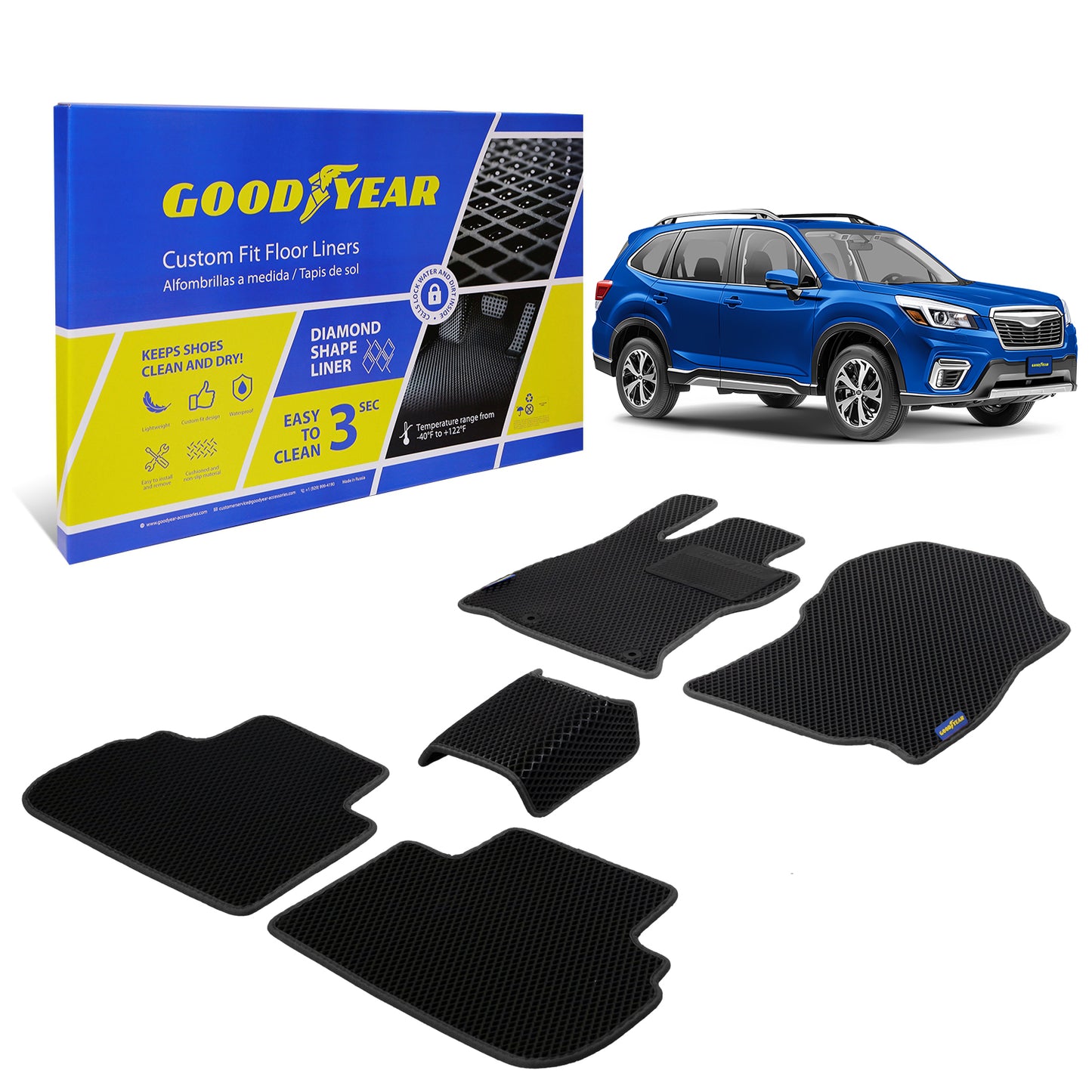 Goodyear Custom Fit Car Floor Liners For Subaru Forester 2019-2021 Black/Black 5 Pc. Set All-Weather Diamond Shape Liner Traps Dirt Liquid Precision Interior Coverage - GY004039