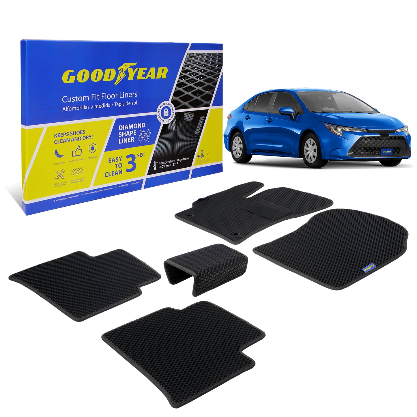 Goodyear Custom Fit Car Floor Liners For Toyota Corolla 2020-2021 Black/Black 5 Pc. Set All-Weather Diamond Shape Liner Traps Dirt Liquid Rain And Dust Precision Interior Coverage - GY004102