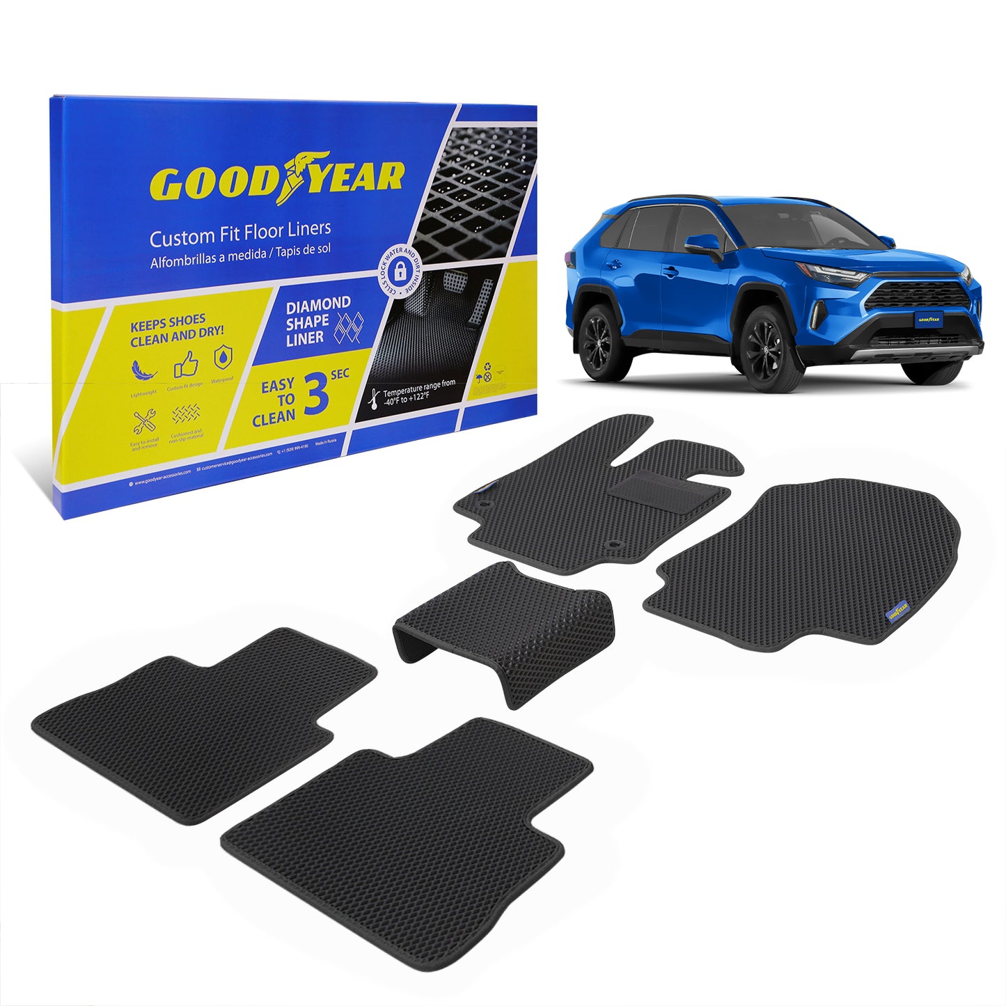 Goodyear Custom Fit Car Floor Liners For Toyota RAV4 2019-2021 Black/Black 5 Pc. Set All-Weather Diamond Shape Liner Traps Dirt Liquid Rain And Dust Precision Interior Coverage - GY004105