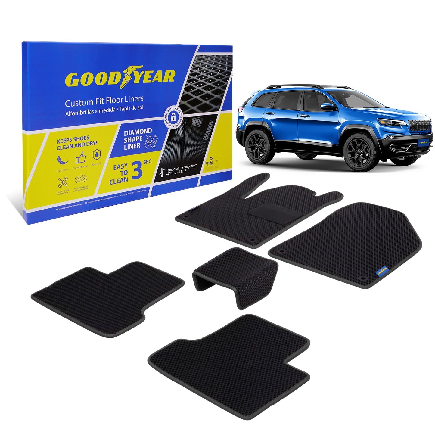 Goodyear Custom Fit Car Floor Liners For Jeep Cherokee 2015-2021 Black/Black 5 Pc. Set All-Weather Diamond Shape Liner Traps Dirt Liquid Precision Interior Coverage - GY004135