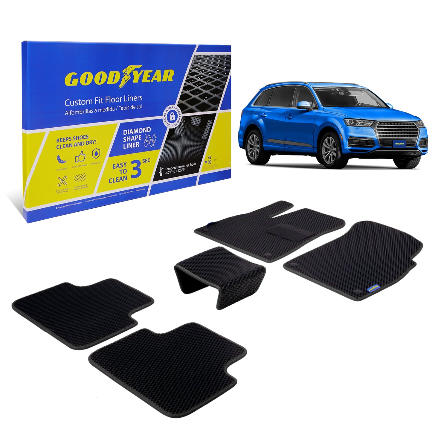 Goodyear Custom Fit Car Floor Liners For Audi Q7 2017-2021 Black/Black 5 Pc. Set All Weather Diamond Shape Liner Traps Dirt Liquid Rain And Dust Precision Interior Coverage - GY004180