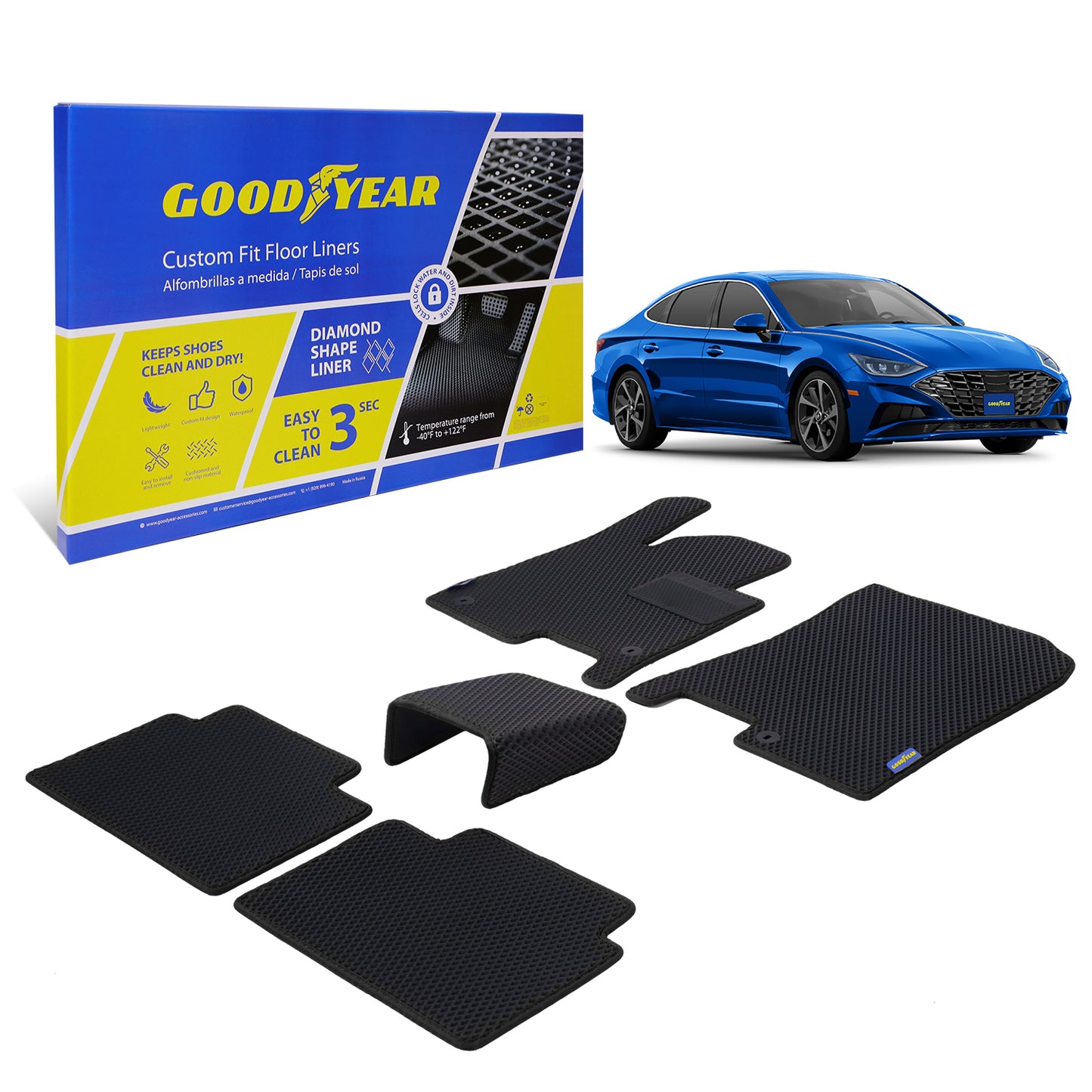 Goodyear Custom Fit Car Floor Liners For Hyundai Sonata 2020-2021/Kia K5 2020-2021 Black/Black 5 Pc. Set All-Weather Diamond Shape Liner Traps Dirt Liquid Rain And Dust Precision Interior Coverage - GY004183