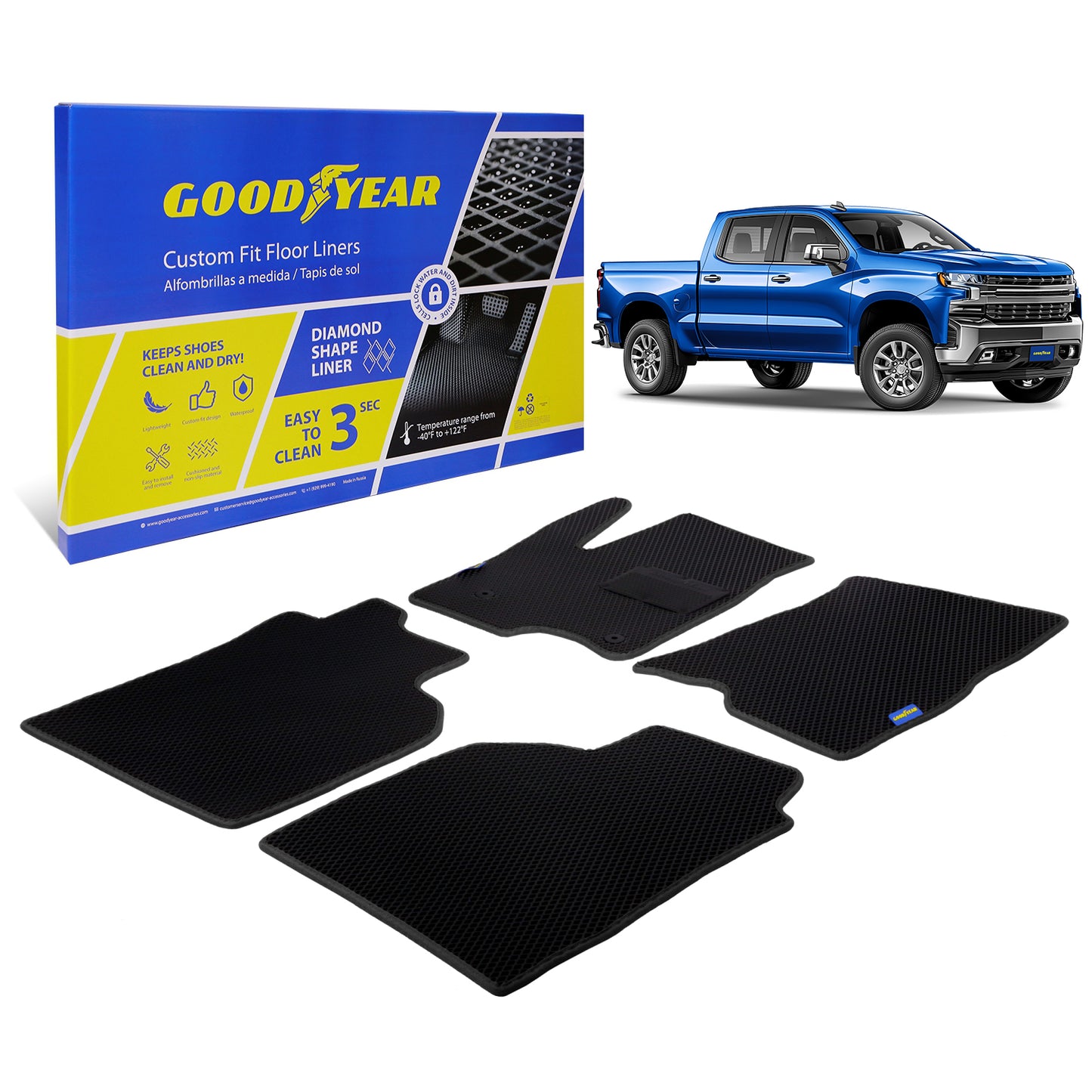 Goodyear Custom Fit Car Floor Liners For Chevrolet (Chevy) Silverado/for GMC Sierra 2019-2021 Crew Cab Black/Black All-Weather Diamond Shape Liner Traps Dirt LiquidPrecision Interior Coverage-GY004189