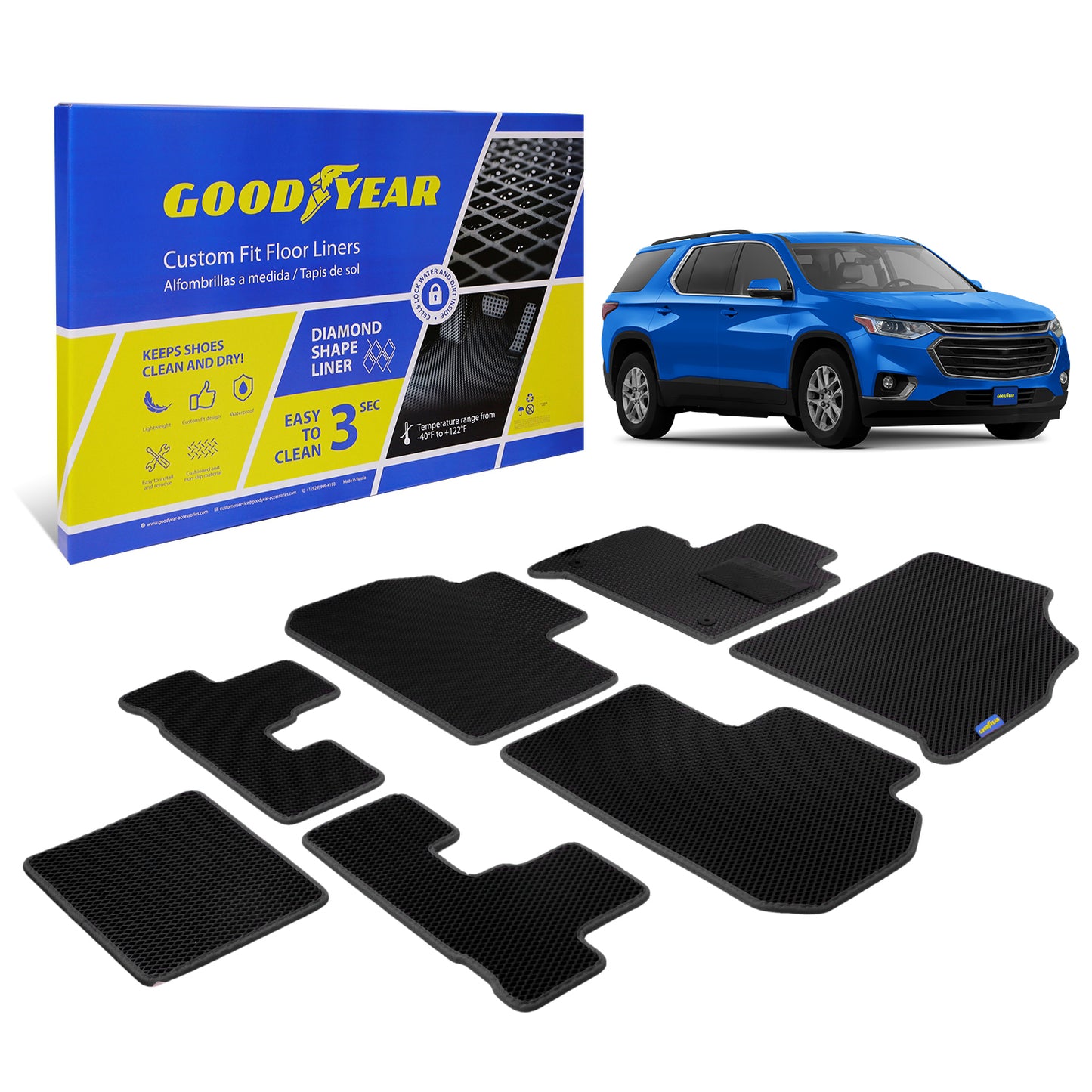 Goodyear Custom Fit Car Floor Liners For Chevy Traverse 2018-2021 Black/Black 7 Pc. Set All Weather Diamond Shape Liner Traps Dirt Liquid Rain And Dust Precision Interior Coverage - GY004192