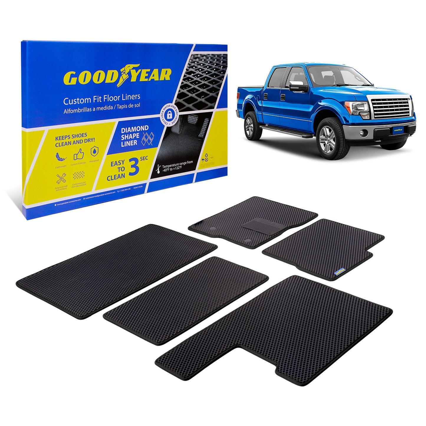 Goodyear Custom Fit Car Floor Liners For Ford F-150 2010-2014 SuperCrew Black/Black 5 Pc. Set All-Weather Diamond Shape Liner Traps Dirt Liquid Precision Interior Coverage - GY004204