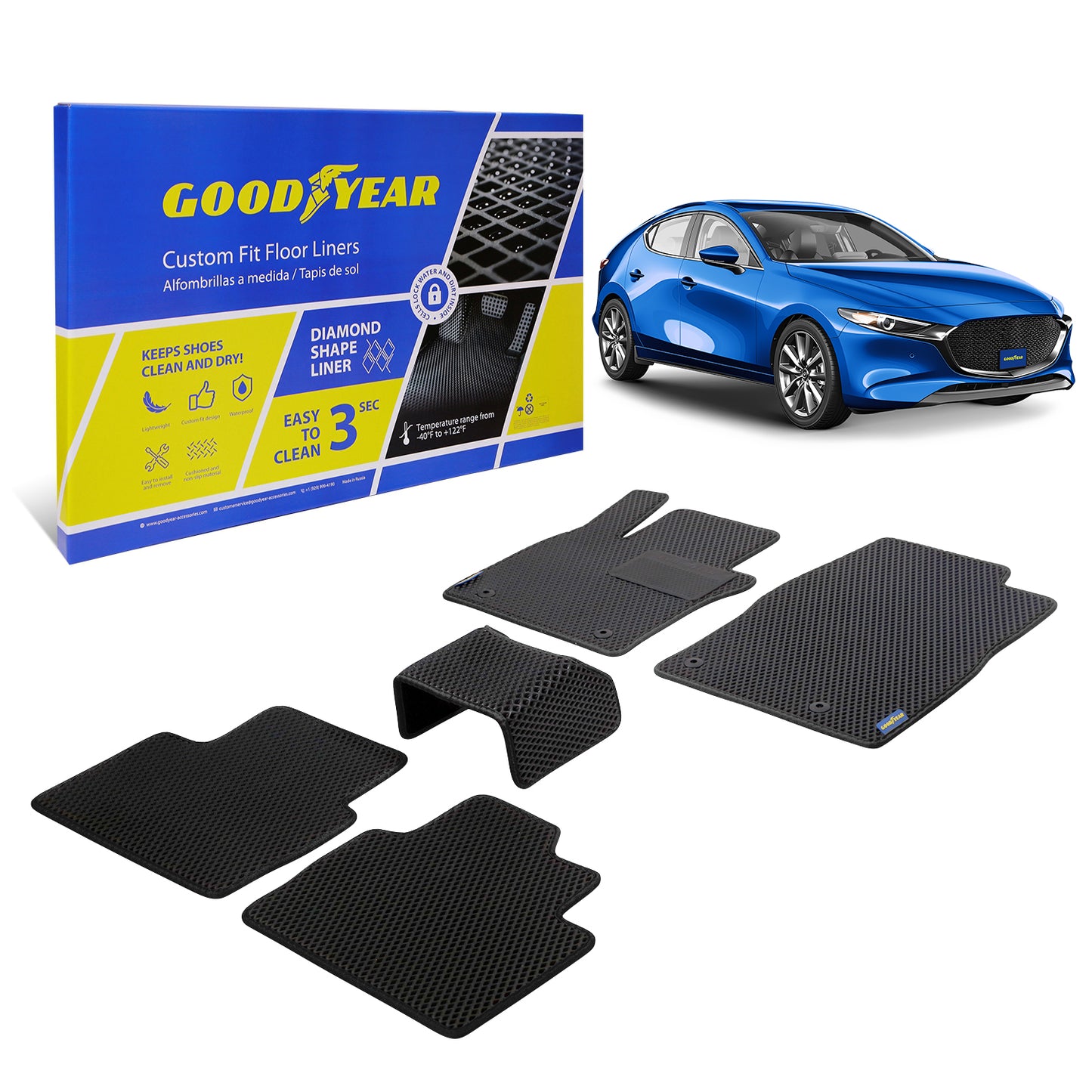 Goodyear Custom Fit Car Floor Liners For Mazda 3 2019-2021 Black/Black 5 Pc. Set All-Weather Diamond Shape Liner Traps Dirt Liquid Precision Interior Coverage - GY004219