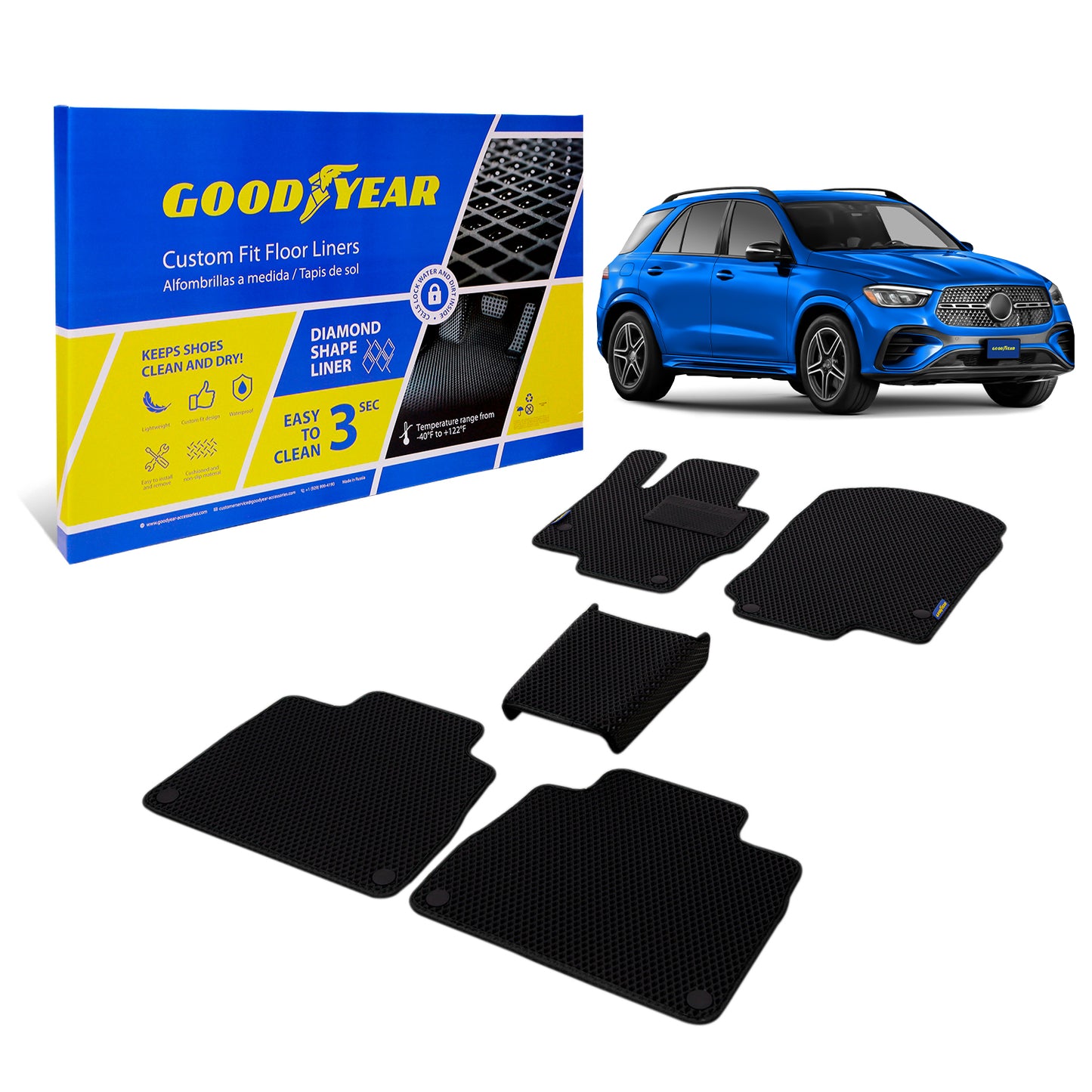 Goodyear Custom Fit Car Floor Liners For Mercedes GLE-Class 2020-2021 Black/Black 5 Pc. Set All-Weather Diamond Shape Liner Traps Dirt Liquid Precision Interior Coverage - GY004231