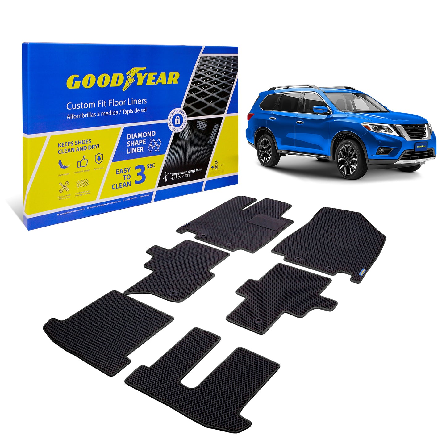 Goodyear Custom Fit Car Floor Liners For Nissan Pathfinder 2013-2020 Black/Black 6 Pc. Set All-Weather Diamond Shape Liner Traps Dirt Liquid Precision Interior Coverage - GY004237
