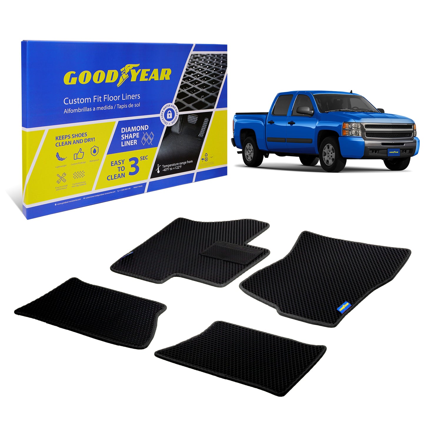 Goodyear Custom Fit Car Floor Liners For Chevrolet (Chevy) Silverado/for GMC Sierra 2007-2013 Crew Cab Black/Black All-Weather Diamond Shape Liner Traps Dirt Precision Interior Coverage - GY004264
