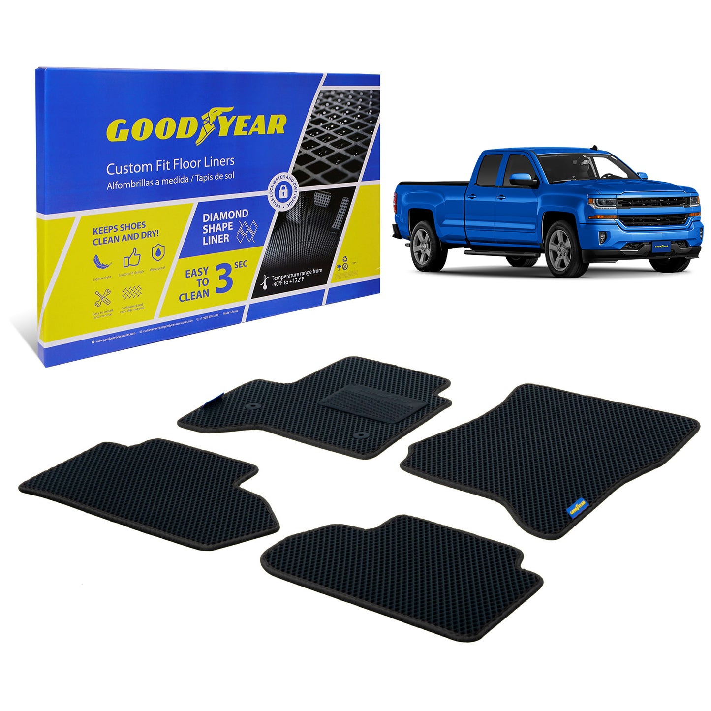 Goodyear Custom Fit Car Floor Liners For Chevrolet (Chevy) Silverado/for GMC Sierra 2014-2018 Double Cab Black/Black All-Weather Diamond Shape Liner Traps DirtPrecision Interior Coverage - GY004282