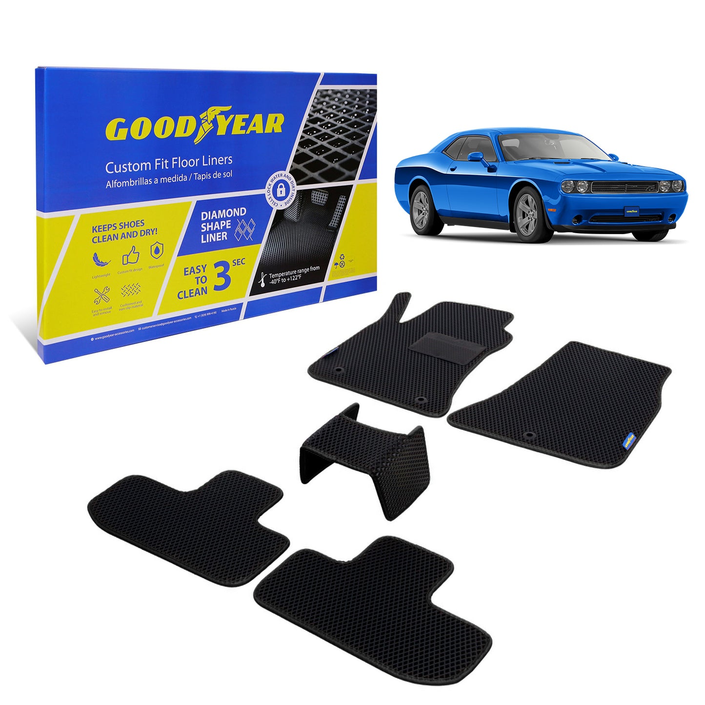 Goodyear Custom Fit Car Floor Liners For Dodge Challenger 2015-2020 Black/Black 4 Pc. Set All-Weather Diamond Shape Liner Traps Dirt Liquid Precision Interior Coverage - GY004294