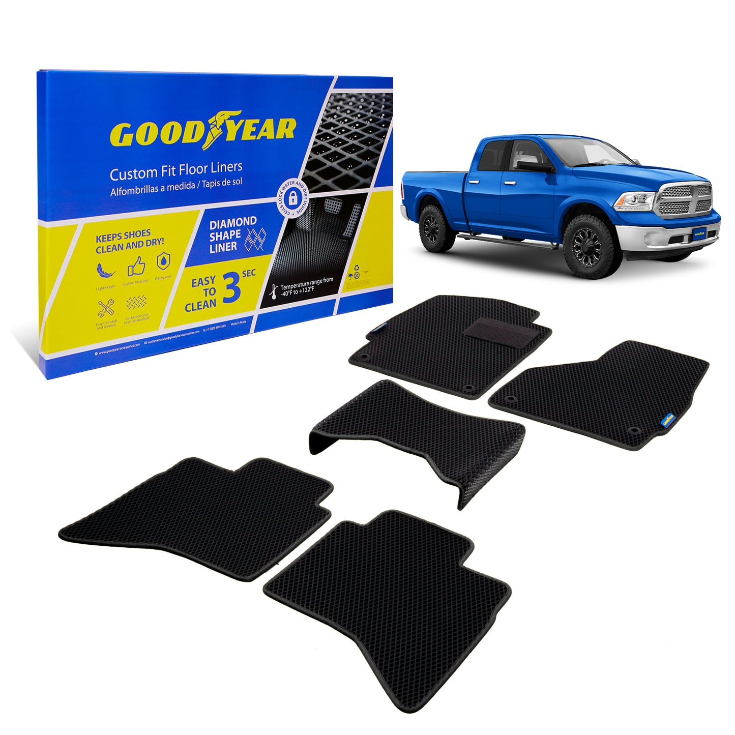 Goodyear Custom Fit Car Floor Liners For Dodge RAM 1500 2009-2018 Quad Cab Black/Black 5 Pc. Set All-Weather Diamond Shape Liner Traps Dirt Liquid Precision Interior Coverage - GY004297