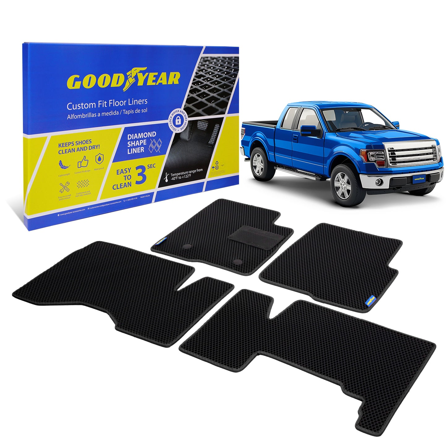 Goodyear Custom Fit Car Floor Liners For Ford F-150 2009-2014 SuperCab Black/Black 4 Pc. Set All-Weather Diamond Shape Liner Traps Dirt Liquid Precision Interior Coverage - GY004300