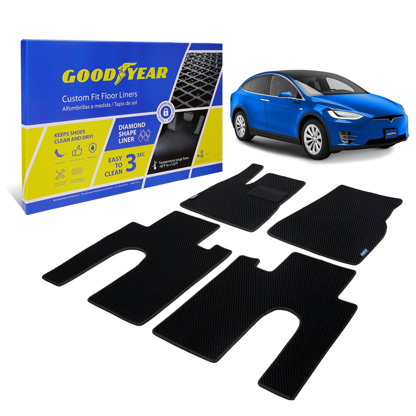 Goodyear Custom Fit Car Floor Liners For Tesla Model X 2017-2021 Black/Black 4 Pc. Set All-Weather Diamond Shape Liner Traps Dirt Liquid Precision Interior Coverage - GY004312
