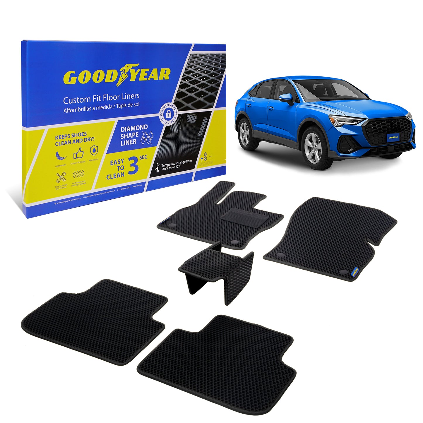 Goodyear Custom Fit Car Floor Liners For Audi Q3 SPORTBACK 2020-2021 Black/Black 5 Pc. Set All-Weather Diamond Shape Liner Traps Dirt Liquid Precision Interior Coverage - GY004324