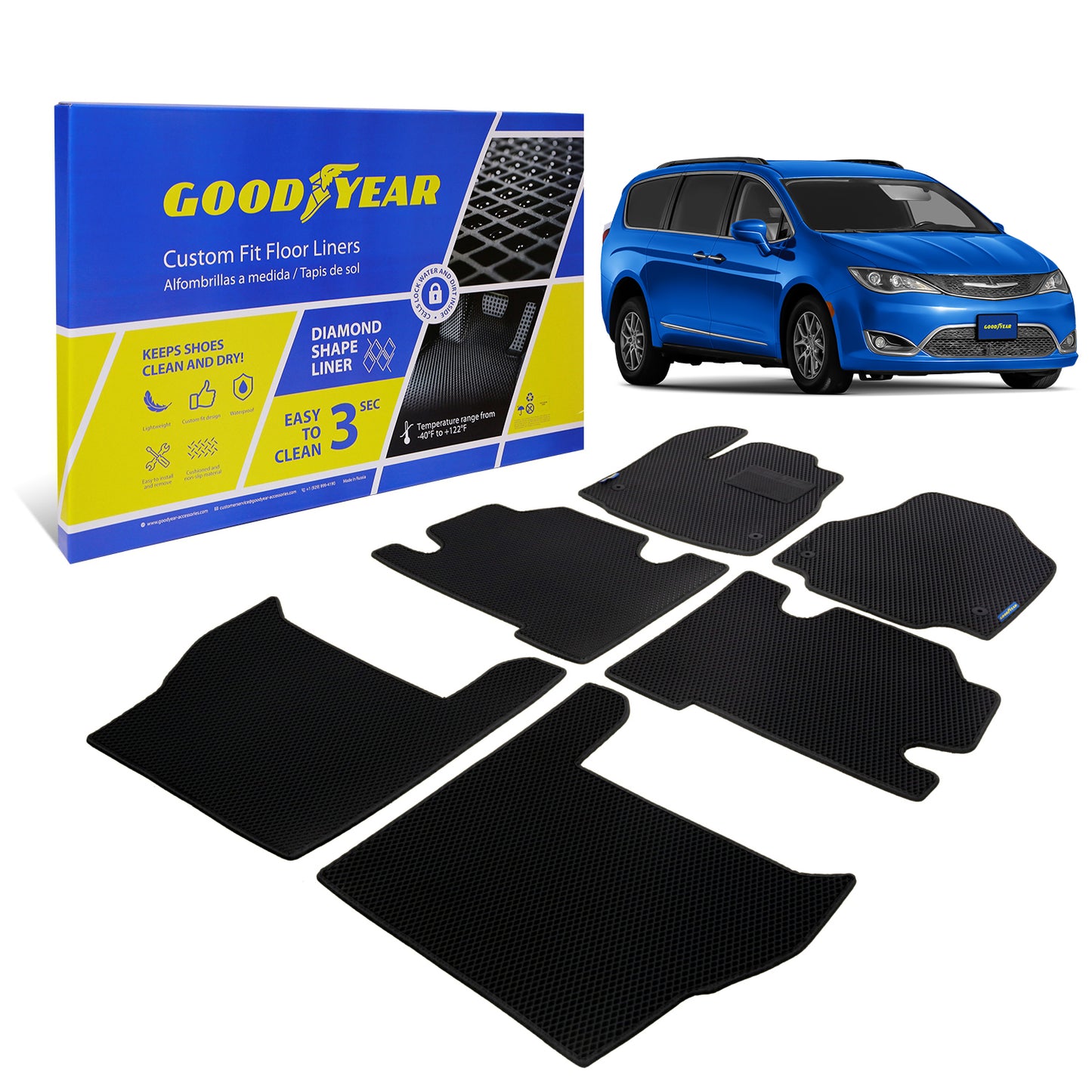 Goodyear Custom Fit Car Floor Liners For Chrysler Pacifica 2017-2021 Black/Black 6 Pc. Set All-Weather Diamond Shape Liner Traps Dirt Liquid Precision Interior Coverage - GY004330
