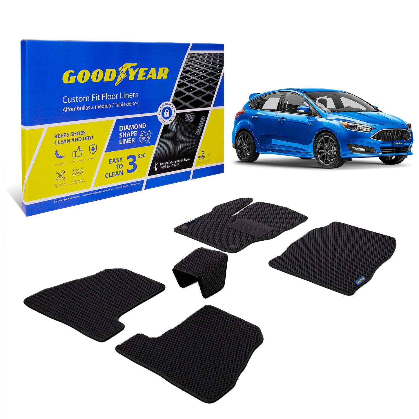 Goodyear Custom Fit Car Floor Liners For Ford Focus 2012-2018 Hatchback Sedan Black/Black 4 Pc. Set All-Weather Diamond Shape Liner Traps DirtPrecision Interior Coverage - GY004336