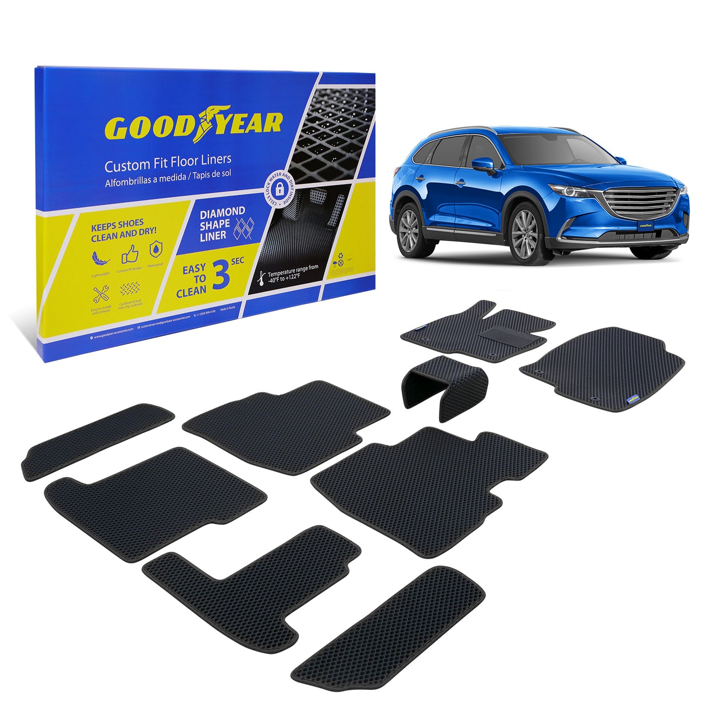 Goodyear Custom Fit Car Floor Liners For Mazda CX-9 2016-2021 Black/Black 9 Pc. Set All-Weather Diamond Shape Liner Traps Dirt Liquid Precision Interior Coverage - GY004366