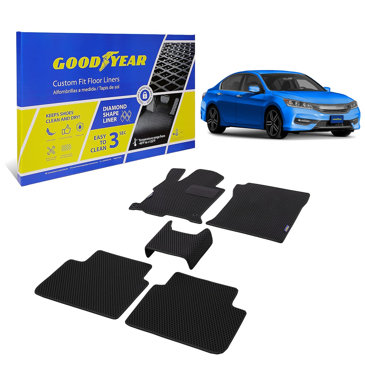 Goodyear Custom Fit Car Floor Liners For Honda Accord 2013-2017 Sedan Black/Black 5 Pc. Set All-Weather Diamond Shape Liner Traps Dirt Liquid Rain And Dust Precision Interior Coverage - GY004384v