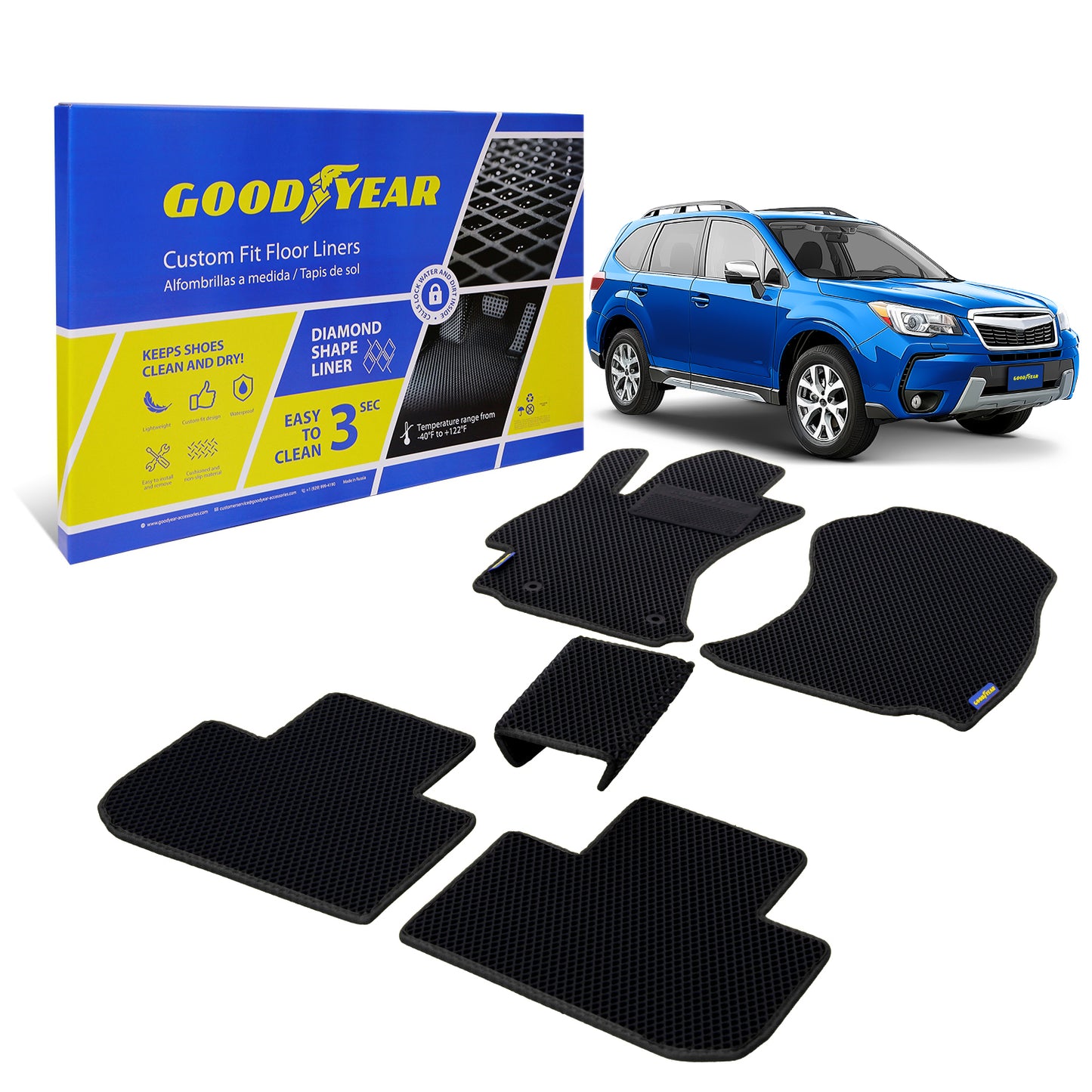 Goodyear Custom Fit Car Floor Liners For Subaru Forester 2014-2018 Black/Black 5 Pc. Set All-Weather Diamond Shape Liner Traps Dirt Liquid Rain And Dust Precision Interior Coverage - GY004399