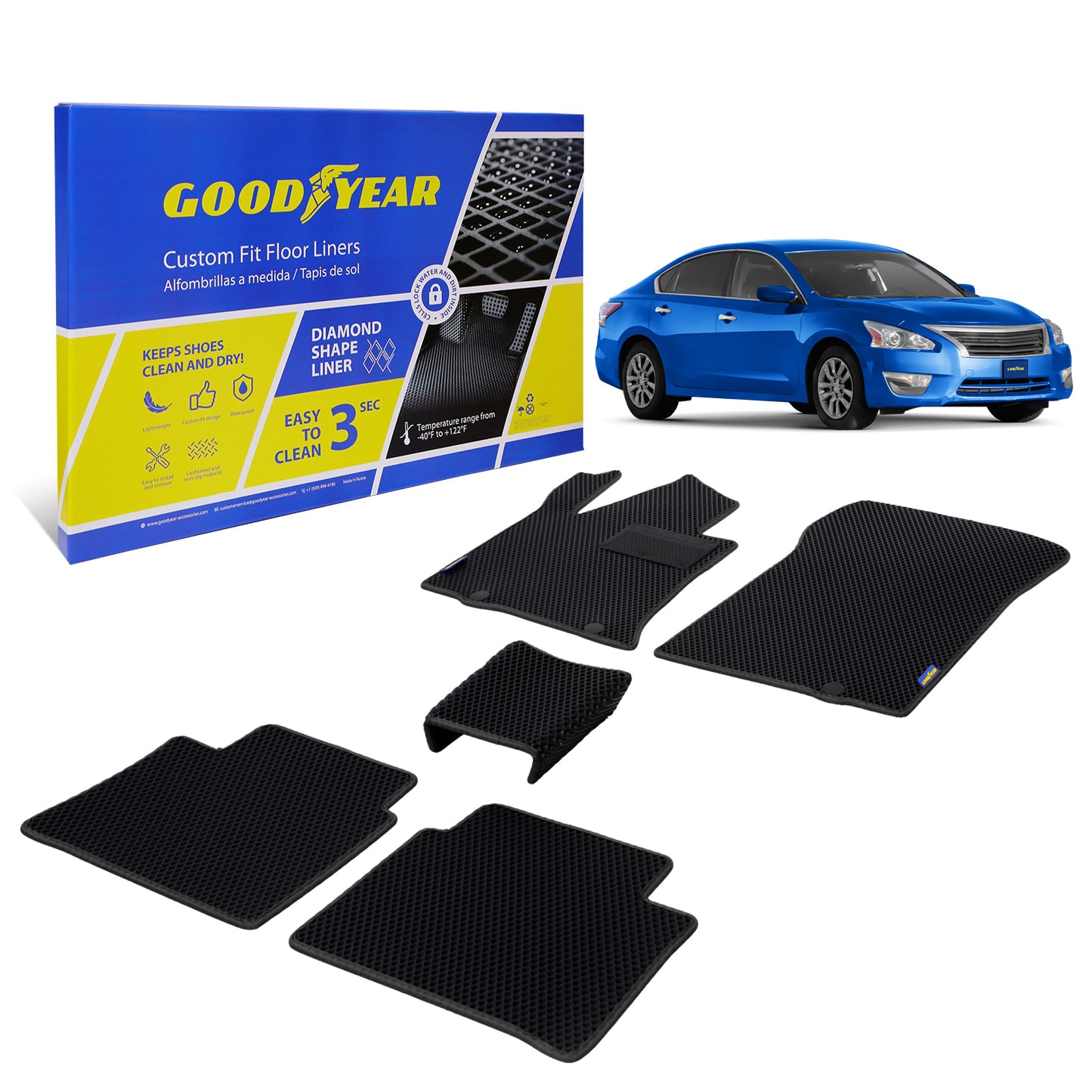 Goodyear Custom Fit Car Floor Liners For Nissan Altima 2013-2015 Black/Black 5 Pc. Set All-Weather Diamond Shape Liner Traps Dirt Liquid Rain And Dust Precision Interior Coverage - GY004402